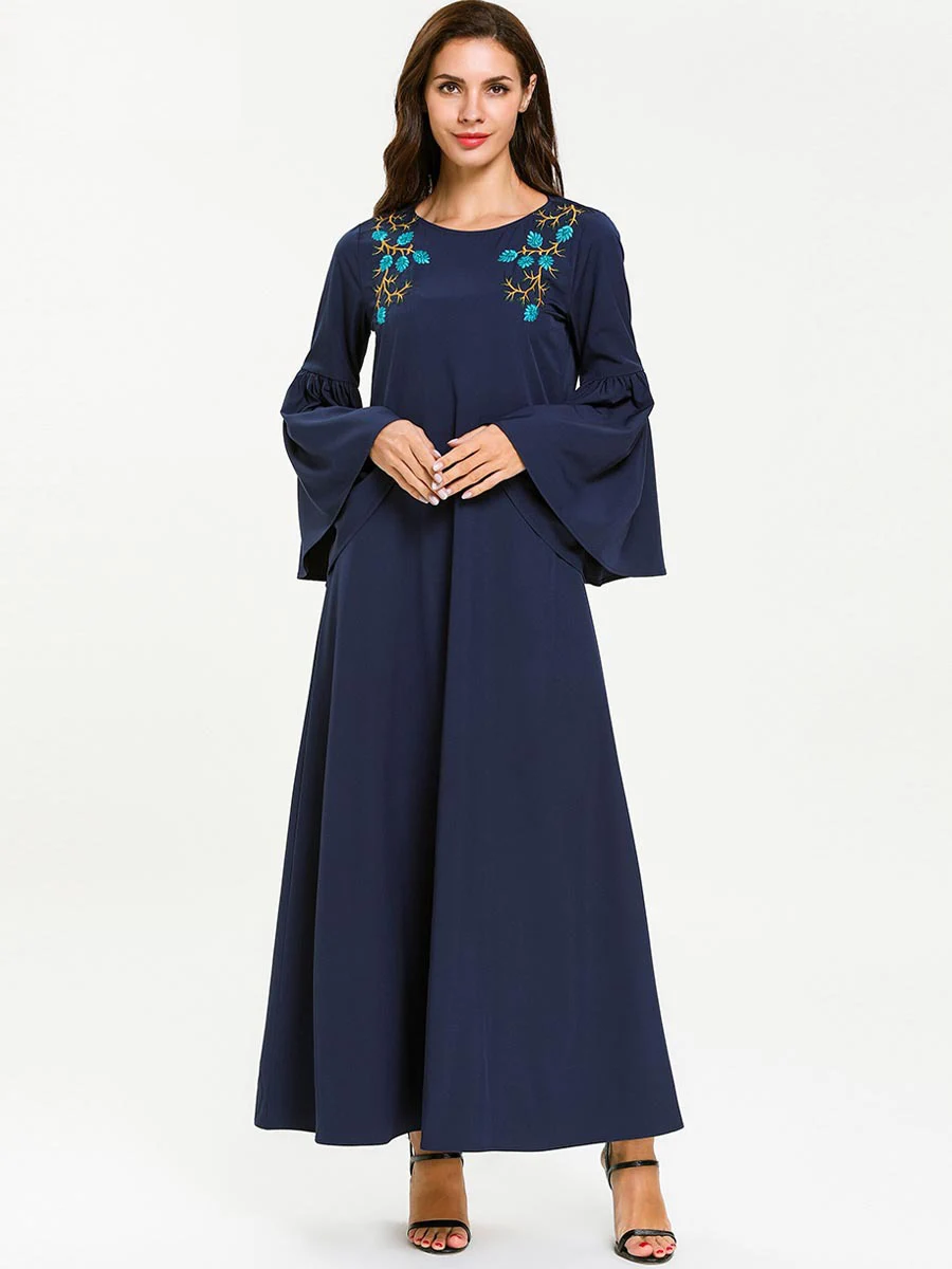 Женская Абая для мусульман, Дубай стиль с расклешенными рукавами длинное платье ОАЭ кафтан исламский, арабский Тобе темно-синий вышивка Восточный халат из марокена