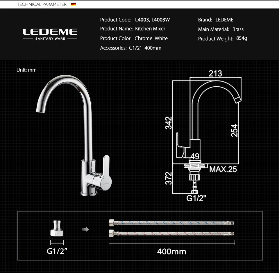 LEDEME Kitchen Faucets Silver White Kitchen Faucet Tap Single Hole Handle Swivel 360 Degree Water Mixer Taps L4003W brass kitchen tap