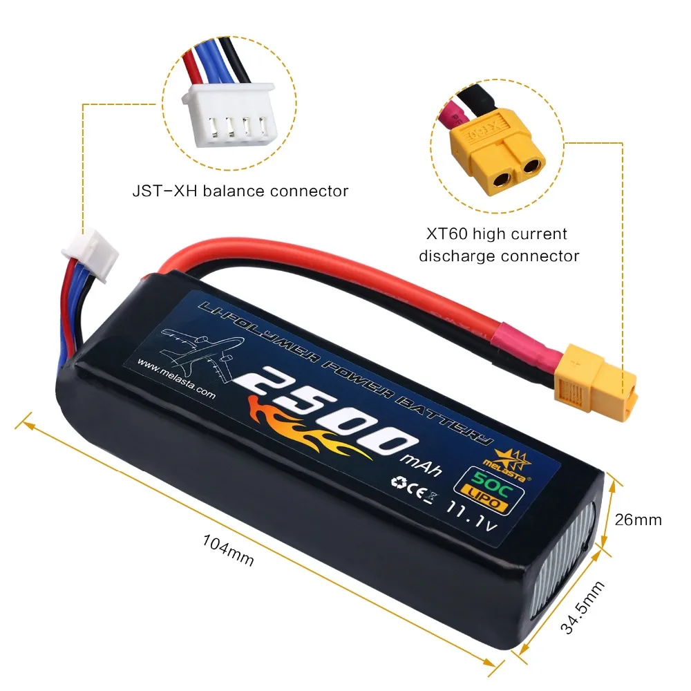 Melasta 2500mAh 3S 11,1 V 50C LiPo RC батарея 14AWG с разъемом XT60 для гоночного автомобиля RC грузовика