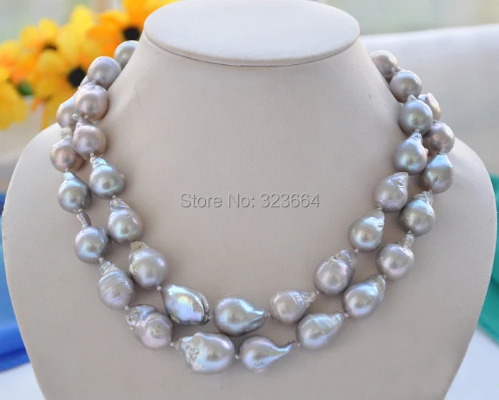 

2Strands 21mm GRAY BAROQUE KESHI REBORN PEARL NECKLACE