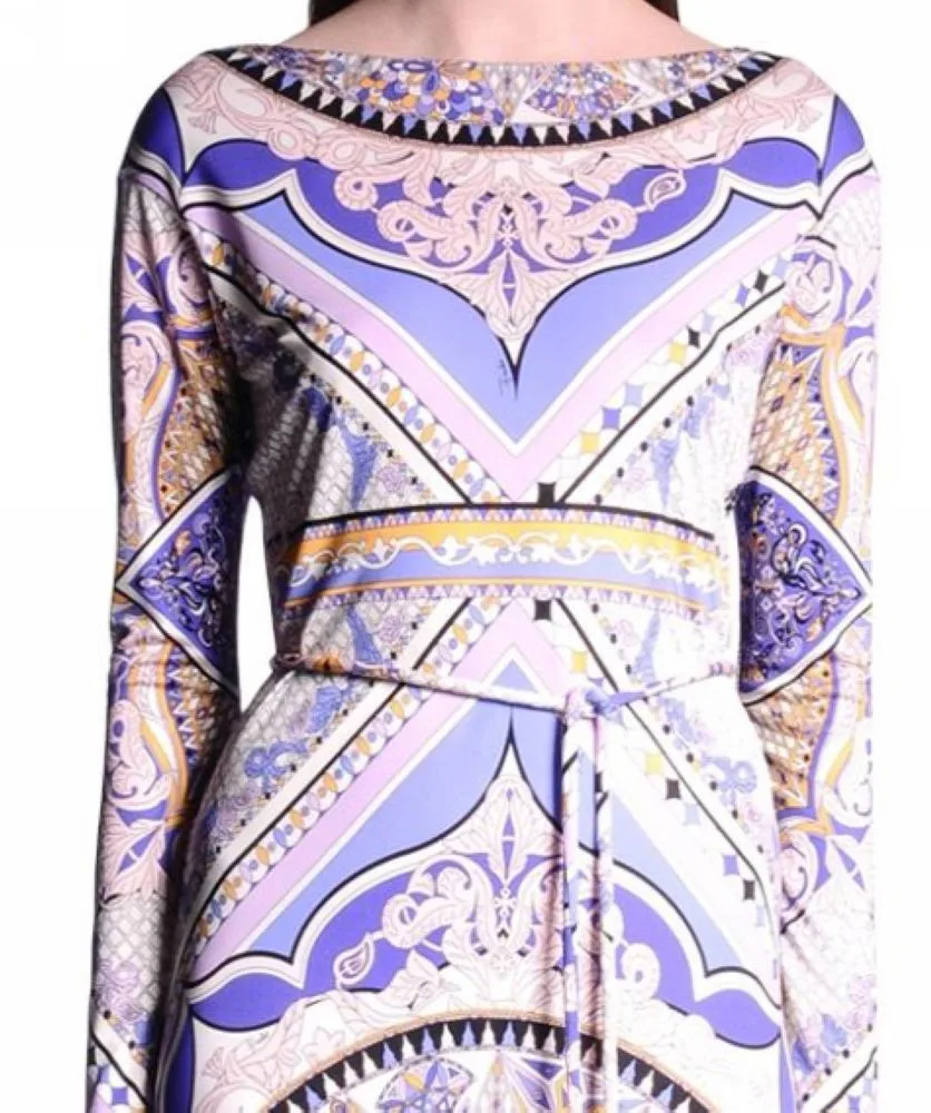 Итальянский модный Подиум круглый воротник пояс Лаванда печатных эластичное вязаное тонкое платье