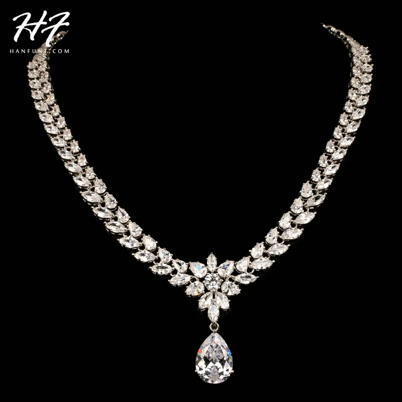 

Top Quality N557 Luxurious Water Drop Sliver Color Shinning CZ Crystal Necklace Jewelry for Party and Wedding