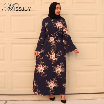 

MISSJOY Abayas for women islamic clothing muslim cardigan 2018 Autumn Full sleeve Fashion print long V-Neck Ankle-Length dress