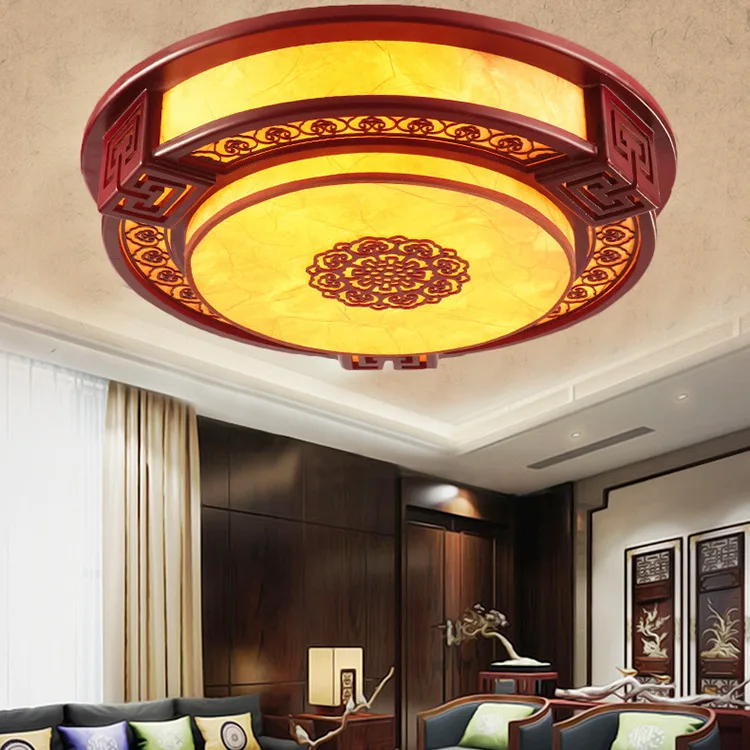 Vintage Chinese bedroom hollow red wood led ceiling lamp circular imitation sheepskin antique restaurant decoration lighting