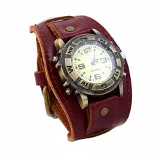 Vintage hombres mujeres imitación cuero Punk esfera redonda pulsera de cuarzo relojes de pulsera