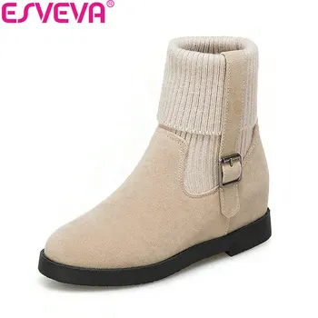 

ESVEVA 2019 Women Winter Shoes Square Heels Round Toe Boots Knitting Buckle Ankle Boots Height Increasing Woman Shoes Size 34-43