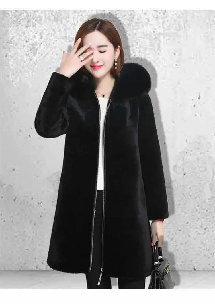 Women Clothes Hooded Large Fur Collar Faux Fur Sheep Shearing Coat Female Long Section Winter Thick Plush Coat Women Coat