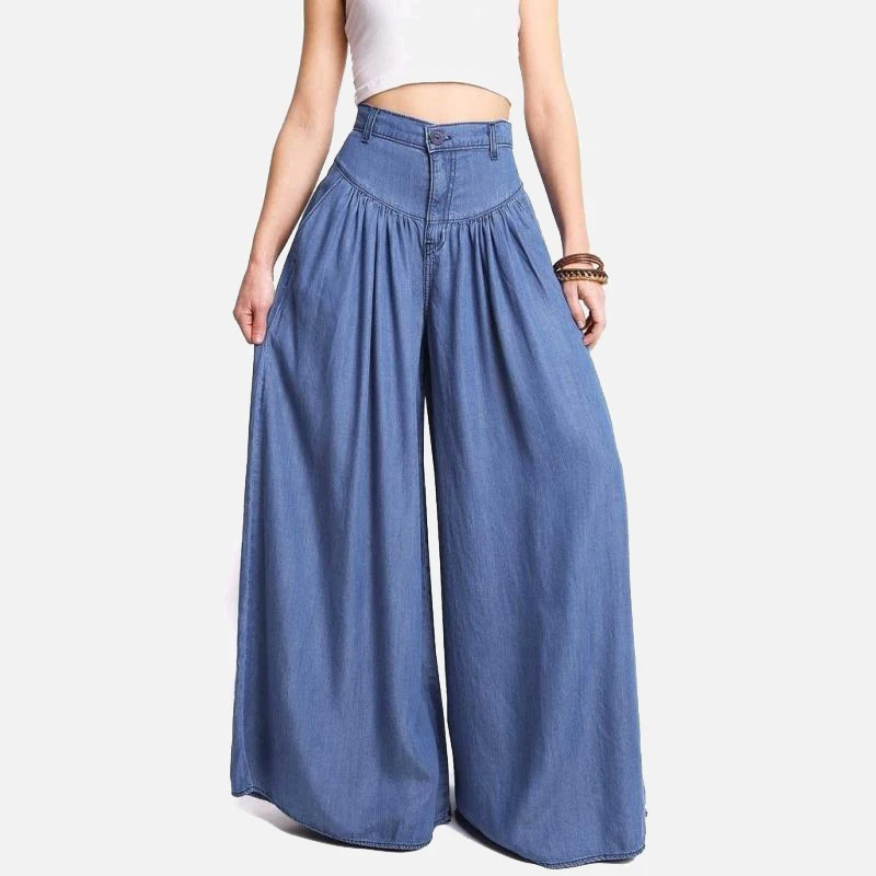 

High Waist Zipper Wide Leg Denim Women Pants Jeans Casual Floor Length Loose Ladies Elegant Spring Longs Feminine Skirt Trousers