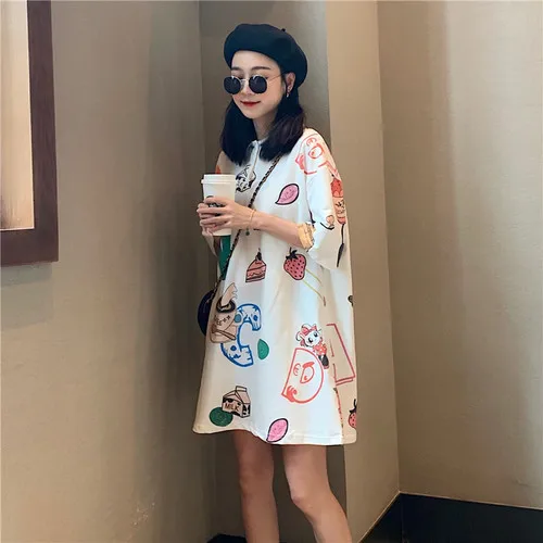 

Long Deisgn Button Line 2019 White Simple Cute Bread Milk Printed Cartoon 2019 Hot Sale New Arrival Female Top Long T-shirts