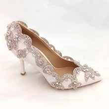 New Style Pointy Toe White Bridal Shoes with Rhinestone Lady High Heel Wedding Shoes Woman Fashion Evening Party Prom Shoes