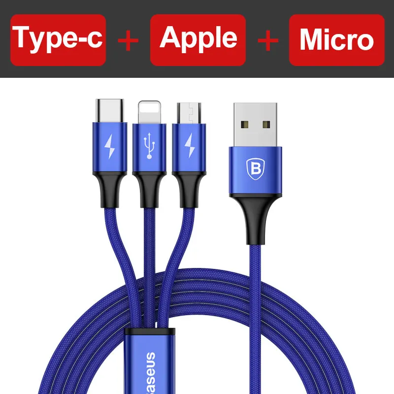 Baseus USB кабель для iPhone Xs Max X Быстрая зарядка зарядное устройство 3 в 1 Micro USB кабель Android usb type c type-c кабели для мобильных телефонов - Цвет: 3 in 1 Blue