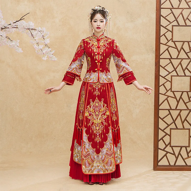 Красный Изысканный Вышивка для женщин Qipao Винтаж невесты Cheongsam костюм китайский свадебное платье брак тост одежда Размеры s m l xl XXL