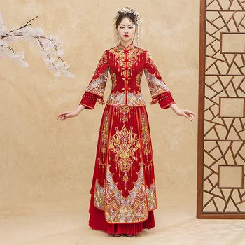 

Red Exquisite Embroidery Women Qipao Vintage Bride Cheongsam Suit Chinese Wedding Dress Marriage Toast Clothes S M L XL XXL