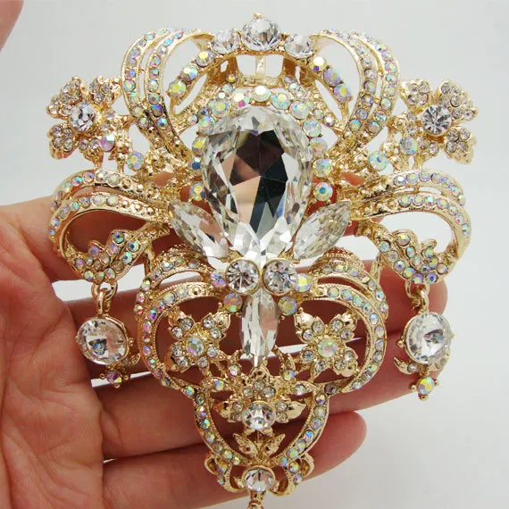 New Luxury Bride Brooch Pin Flower Drop Bride Bridesmaid Wedding Clear AB Rhinestone Crystal Brooches Pin Pendant