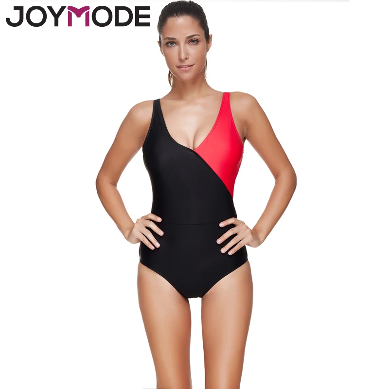 

JOYMODE One Piece Swimsuit Sexy Swimwear Women Bathing Suit Patchwork Black Red Vintage Summer Beach Wear Monokini Swimsuit -C