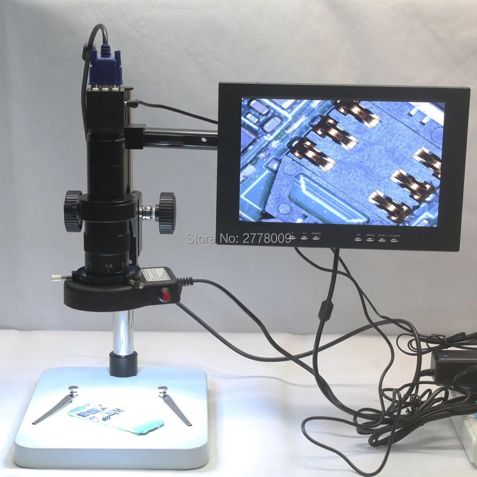 

2.0MP 30FPS Industrial Video Microscope VGA Camera 180X 300X C-mount Lens LED Lights Workbench With HD 10-inch Monitor