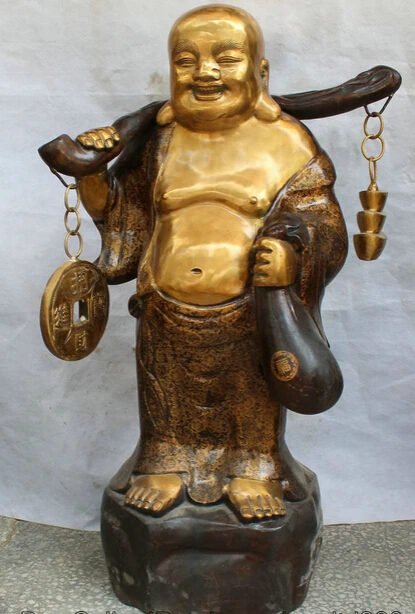 

JP S61 36 Chinese Bronze Gild Stand Wealth Moneybag Happy Laugh Maitreya Buddha Statue