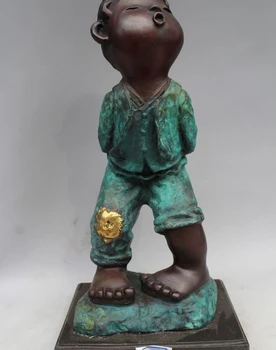

15"Western Art sculpture Pure Bronze Marble Abstract Folk Boy Statue