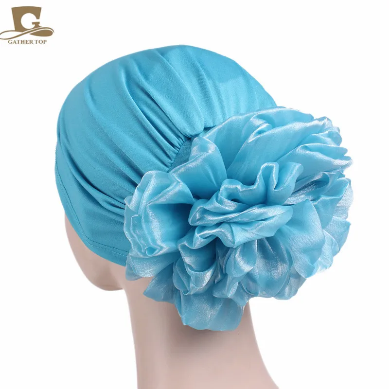 Women's Hijabs Big Flower Turban Hair Accessories Elastic Cloth Hair Bands Hat Beanie Ladies Muslim Solid Hair Loss Scarf Cap