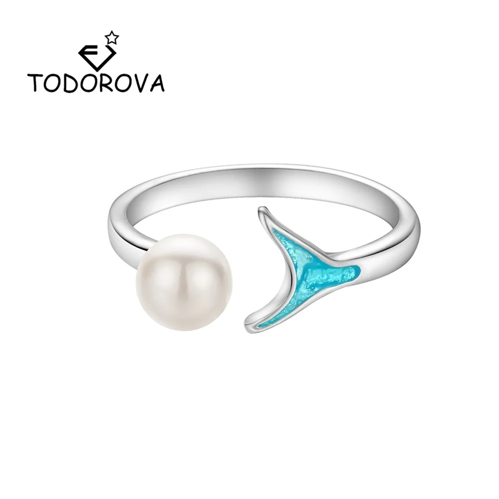 

Todorova Imitation Pearl Mermaid Tail Adjustable Finger Rings Female Blue Sea Whale Fish Tail Rings for Women Wedding Rings