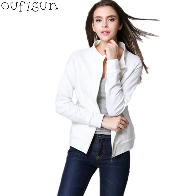 

Oufisun Autumn Back Heart Print Women's Bomber Jacket 2018 New Long Sleeve Stand Collar Slim Jackets Pockets Zipper Short Jacket
