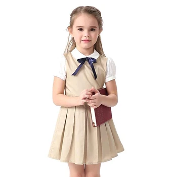 

Big Girl Summer Dresses Bowknot Kids Dress School Uniform Blue Khaki Color Cotton 2018 Princess Wedding Party For 4-14Yrs