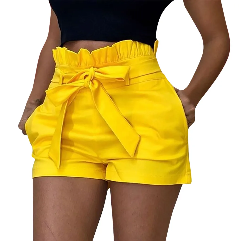 Женские модные шорты, сексуальные, открытые, с бантом, летний женский костюм с шортами, pantalones cortos de mujer#1 - Цвет: Цвет: желтый