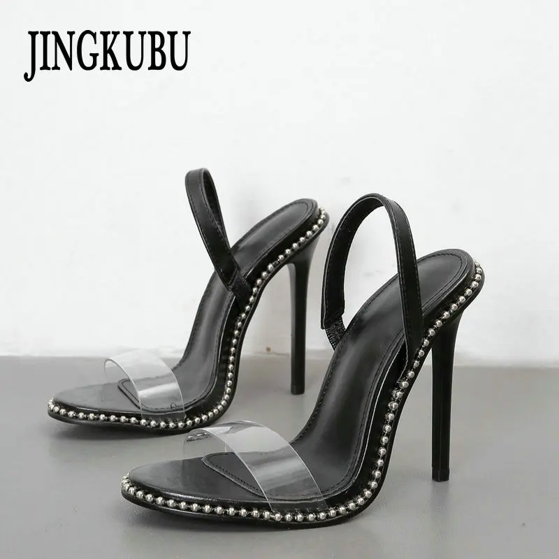 

JINGKUBU Women Sandals High Heels Summer Transparent Shoes Sexy Thin Heeled Sandals PVC Rivets Party Ladies Black Sandals Y669-1