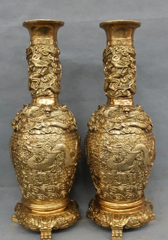 

USPS to USA S1812 21" Chinese Brass Folk Home FengShui Myth Fly Dragon Head Statue Vase Pot Pair