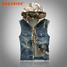 New Men’s Hooded Camouflage Denim Vest Men Camo Brand Clothing Male Jeans Waistcoat Man Sleeveless Jackets Vests M-2XL G271