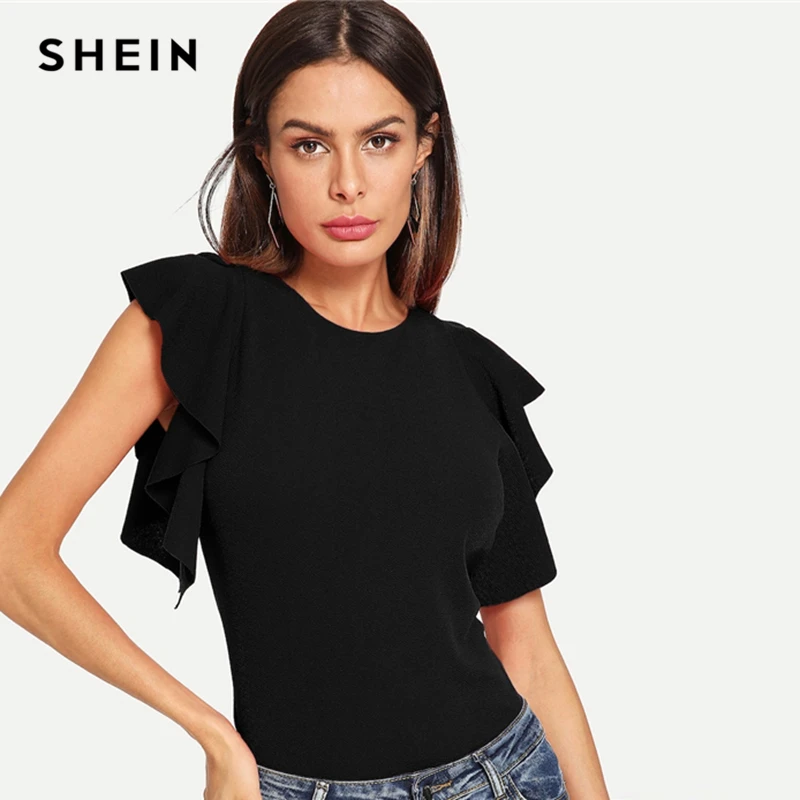 

SHEIN Black Ruffle Armhole Fitted Slim Fit Top Blouse Women 2019 Spring Office Lady Round Neck Butterfly Sleeve Top Blouses