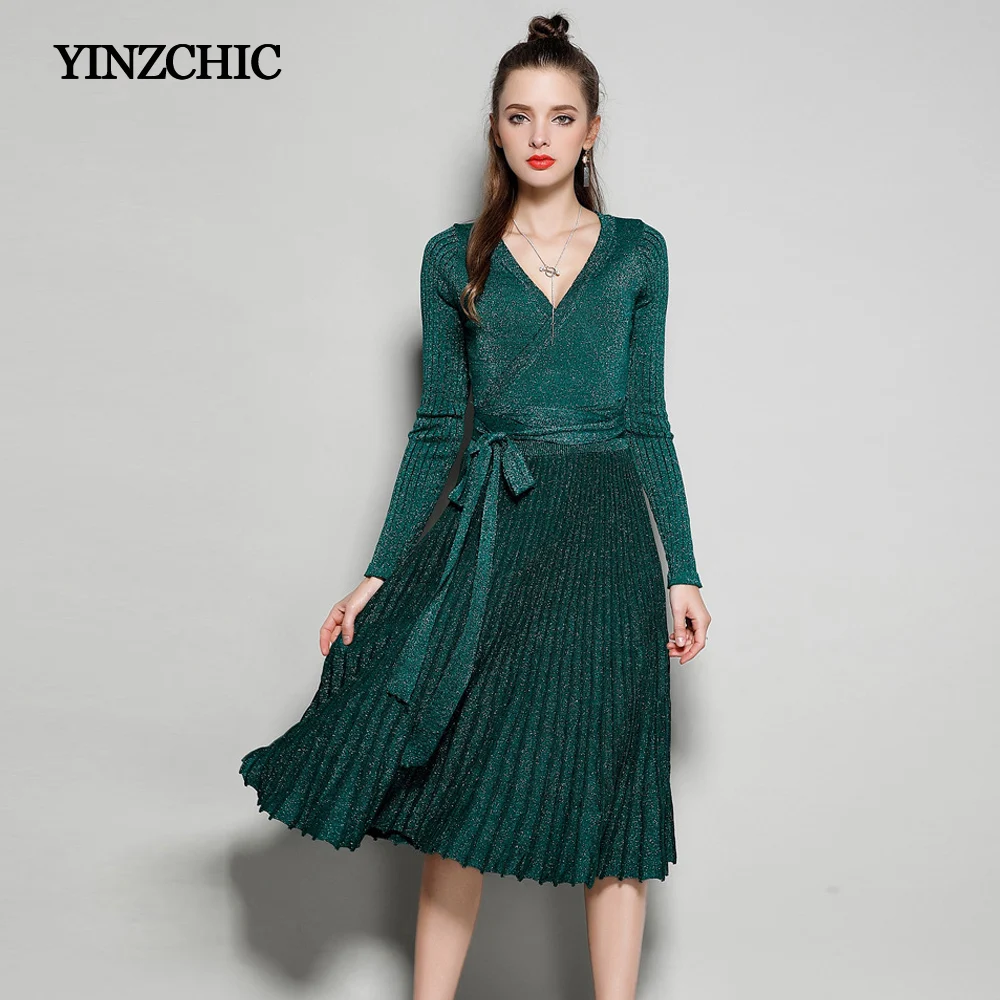 

2018 Woman Knitted Pleated Dress Solid Color Female Winter Shine Dress V-Neck Sash Waisted Dresses Women Casual Vestidos Femme