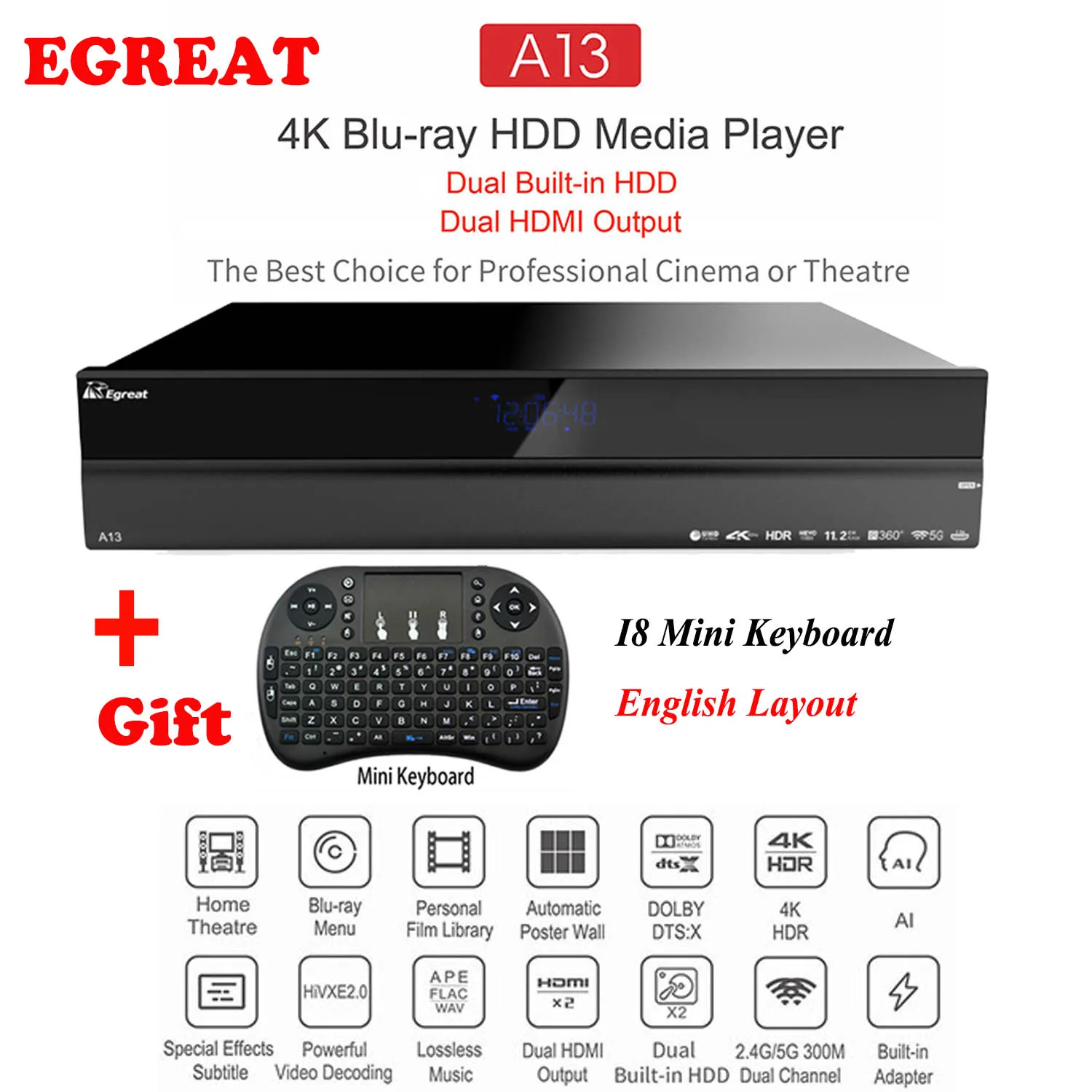 

2019 High-end Egreat A13 4K Ultra HD Smart Media Player Android TV Box BT4.0 2.4G/5G WiFi with 2 3.5inch HDD Tray + I8 Keyboard