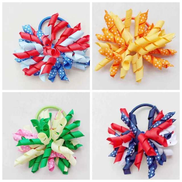 1pair Girl 3.5" polka dot curl tassel Ribbon Korker hair bows clips