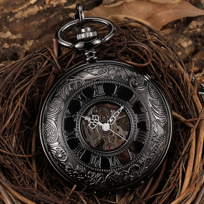 Винтаж черный светящиеся полые Скелет Механические карманные часы мужские часы брелок Талия цепи римские цифры руки ветер механические