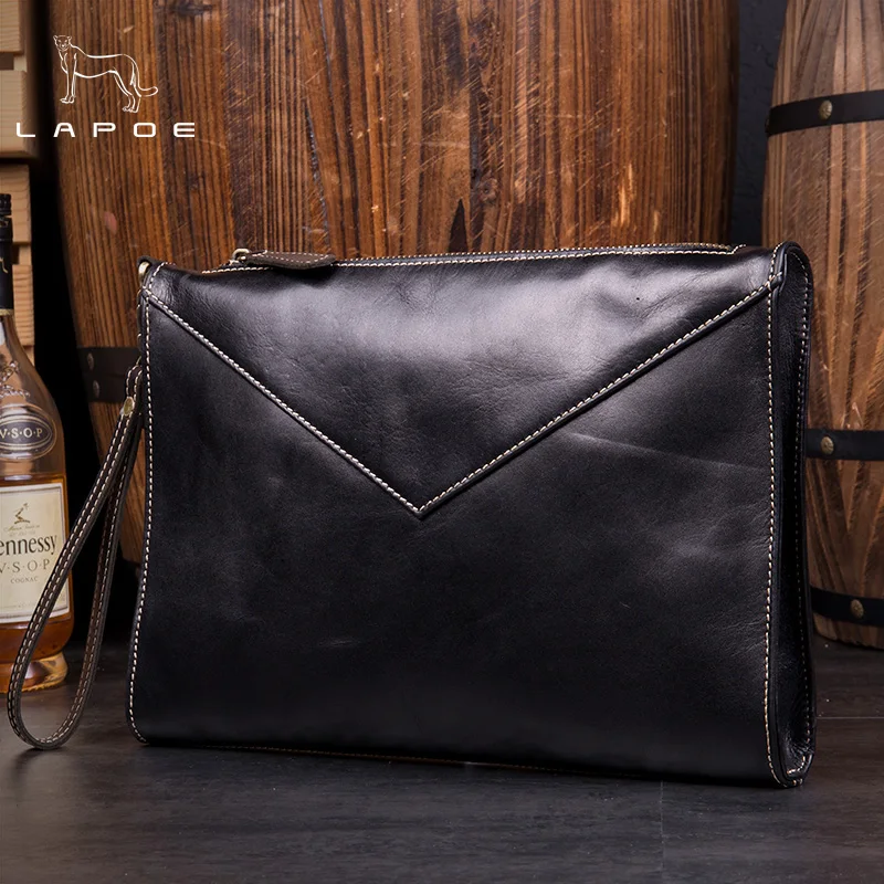 

Mens Leather Envelope Clutch Bag Men Large Genuine Leather Soild Black Fashion Big Business Men Envelope Clutch Bags
