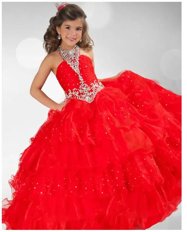 

Girl's Long Formal Dress 2017 Autumn Flower Princess Dresses Halter Diamond Kids Party Ball Gowns Children's Wedding Dress Red