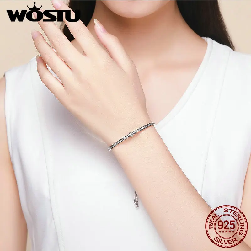 Tanie WOSTU New Arrival 925 Sterling srebrna iskrząca Bowknot łańcuch regulowana bransoletka typu bangle dla kobiet S925 biżuteria prezent CQB108