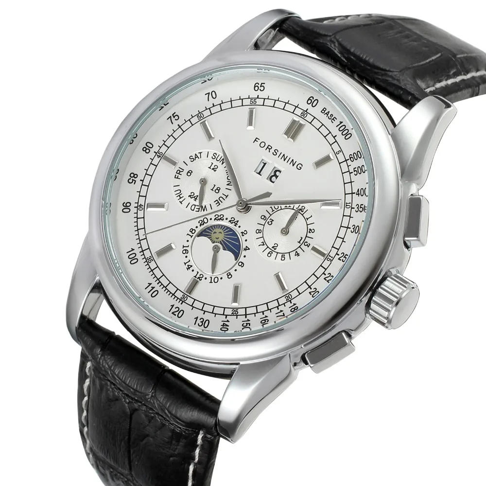Forsining Men's Watch Multifunction Automatic Moon Phase Black Genuine