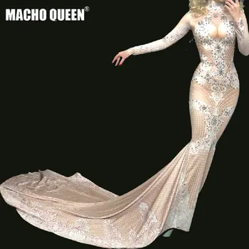 

Sparkly Rhinestones Nude Long Dress Sexy Nightclub Rhinestone Floor Length Dress Costume Prom Birthday Celebrity Dresses