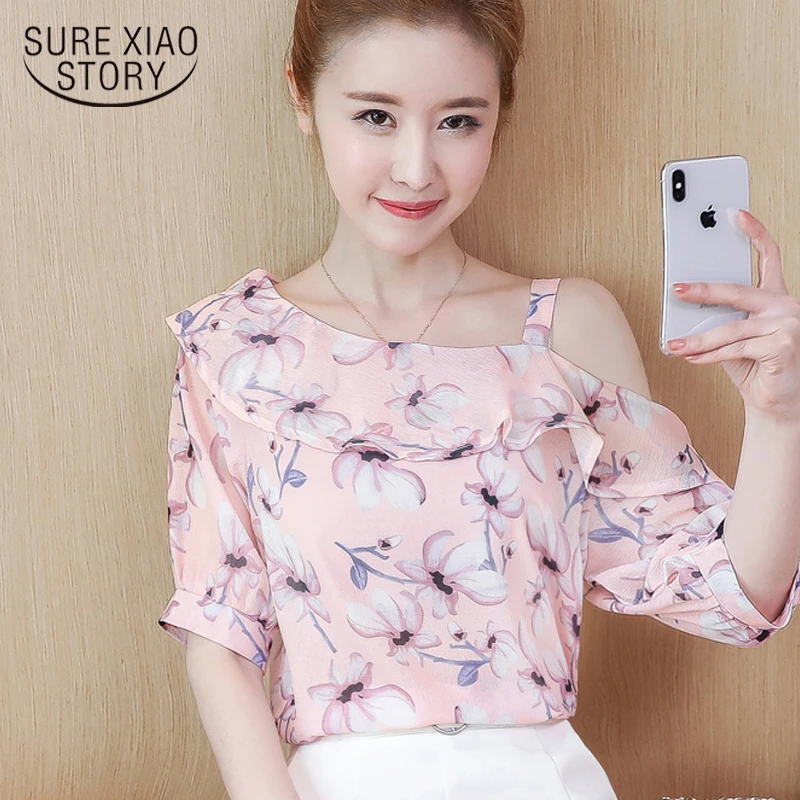 

New 2018 Spring Summer Casual Floral Women Blouse Shirt Strapless Short Sleeve Chiffon Floral Female Top Clothing Blusas 0572 40