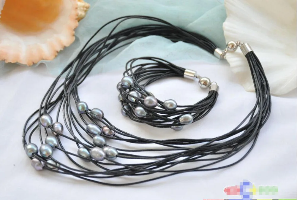 

Free shipping hot sale Women Bridal Wedding Jewelry >>15row 13mm black rice pearl black leather necklace & bracelet