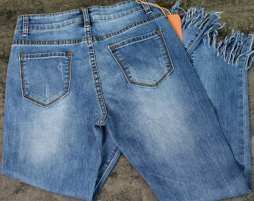Женская мода Высокая талия узкие сильно облегающие джинсы эластичные Для женщин карандаш брюки Ленточки нерегулярные девять очков джинсовые брюки Для женщин D156