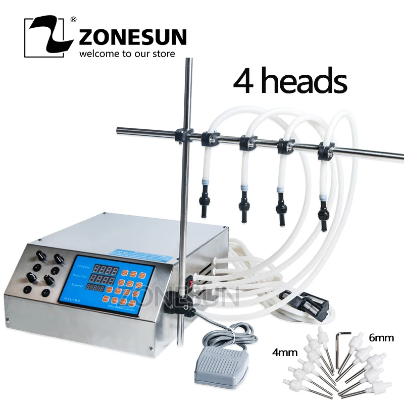 ZONESUN 4 Nozzles Bottle Water Filler Semi-automatic Liquid Vial Desk-top Filling Machine For Juice Beverage Sauce Oil Perfume