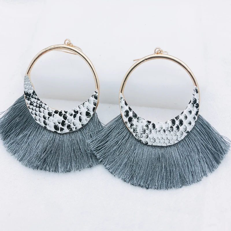 

European And American Fashion Female Fan Shape Tassel Earrings Snake Printed Ear Dangle PU Leather Earrings Jewelry For Women