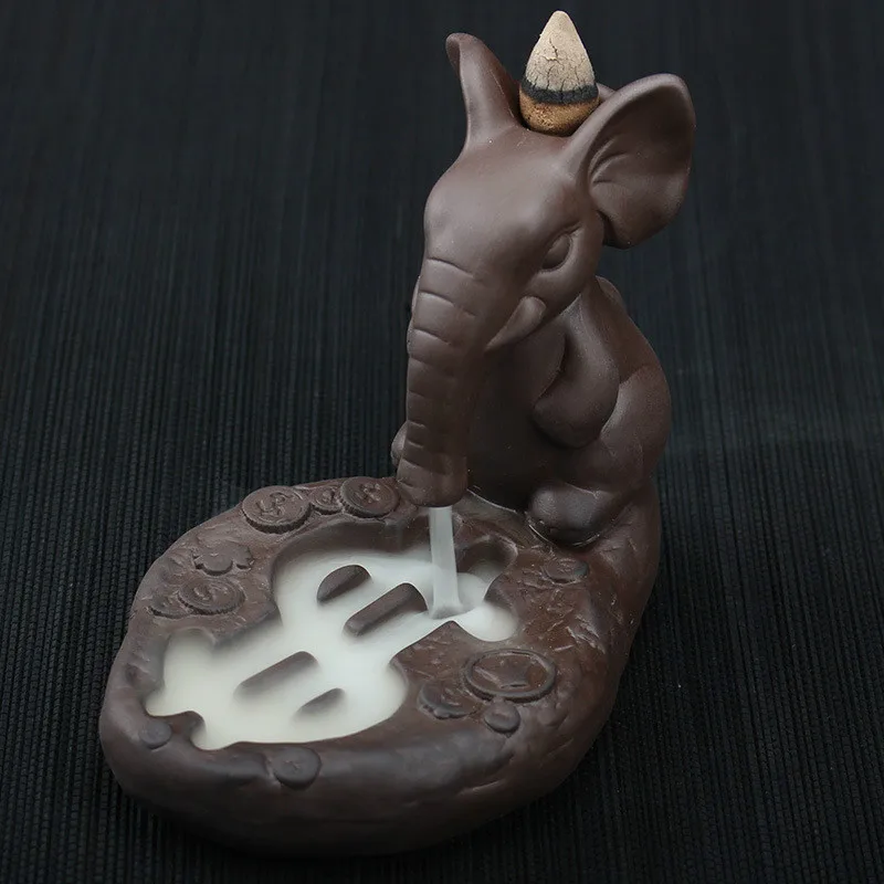 F Purple Elephant Smoking Backflow Incense Burner Cone Censer Ceramic