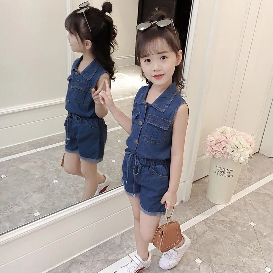 

Girls Denim Outfit Two Piece Set Top & Shorts Sleeveless Summer Child Girl Clothes Sets Kid Clothing 4 5 6 7 8 9 10 11 12 Years