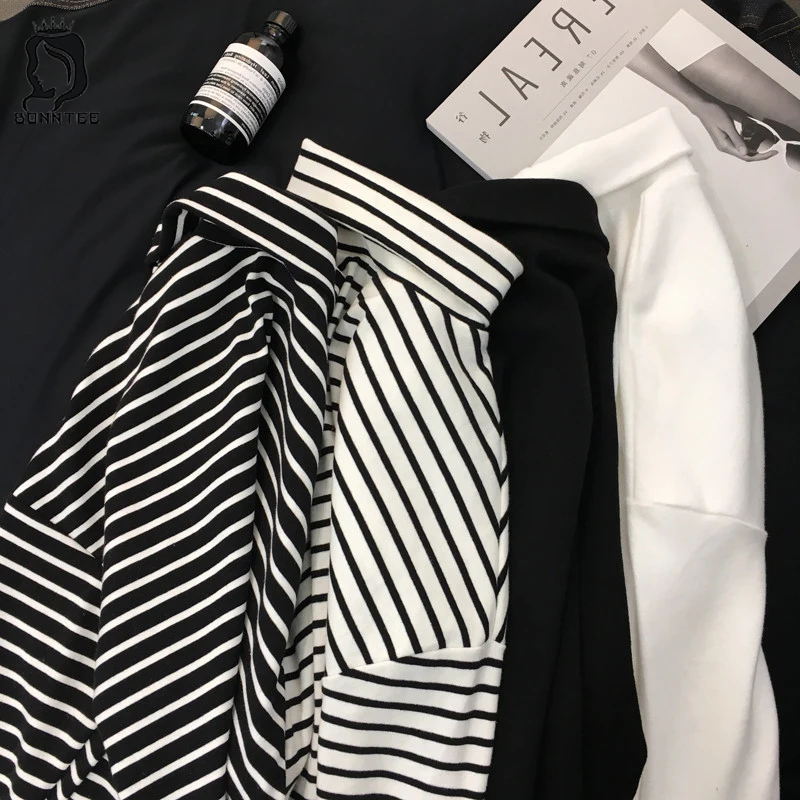 

2019 New Black White Striped Long Sleeve Women Loose Womens Female Fashion Korean Style School Students Females