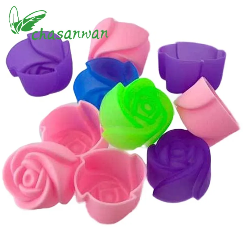 10 unids Rose silicona molde DIY muffin cookie Cup Cake molde para hornear pasteles Herramientas formas para Jabones torta cocina. Q