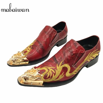 

Mabaiwan Fashion Casual Men Shoes Red Leather Loafers Gold Embroidery Slipper Wedding Dress Shoes Men Slip On Handmade Flats